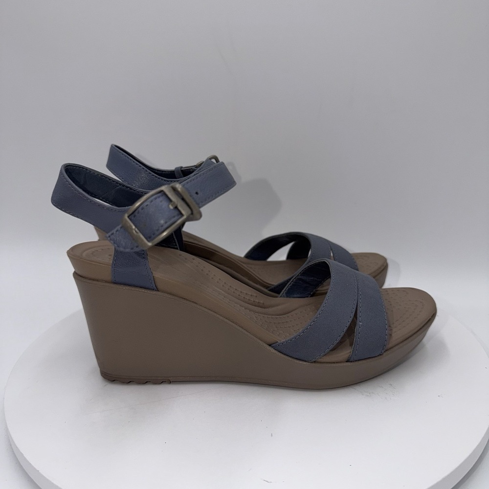 Crocs Leigh II Cross Strap Ankle Wedge Sandals Blue Canvas Womens 8 Comfort - Picture 4 of 9